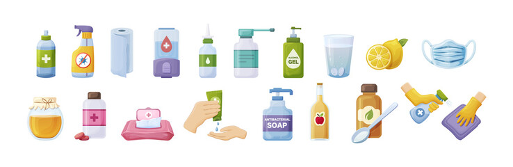 Hygiene product, protection from coronavirus. Personal tools for cleaning, washing, antibacterial protection, prevention from virus.