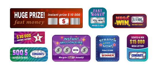 Fototapeta premium Instant scratching lottery winner tickets with cash award set. Lucky gamble coupons