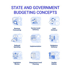 State and government budgeting light blue concept icons set. Financial program idea thin line color illustrations. Isolated symbols. Editable stroke. Roboto-Medium, Myriad Pro-Bold fonts used