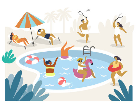 People in swimming pool vector. Men and women in swimsuits performing water activities.