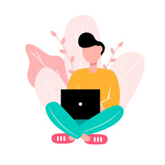 Modern man working with computer. Freelancer, student, online consultant. Vector illustration.