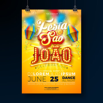 Festa Junina Party Flyer Illustration with Paper Lantern and Retro Light Bulb Billboard on Shiny Yellow Background.Vector Brazil June Sao Joao Festival Design for Invitation or Celebration Poster.