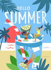 Summer group of woman having fun in huge cocktail. Relaxing on beach