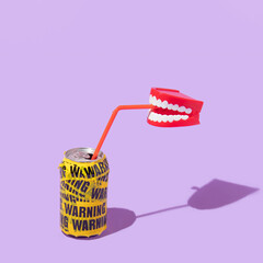 Summer creative layout with fake teeth drinking soda can wrapped in warning packing tape on pastel...