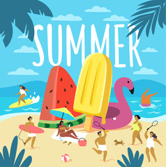 Summer beach people. Relaxing cartoon characters, sunbathing man and woman