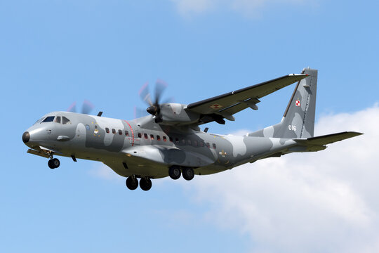 RAF Fairford, Gloucestershire, UK - July 11, 2014: Polish Air Force (Sily Powietrzne) CASA C-295M twin engine military cargo aircraft.