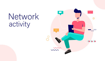 Network activity landing page template. Man with smartphones and social media icons. Illustration of communication using the Internet, video, news, social networks, messages, website.