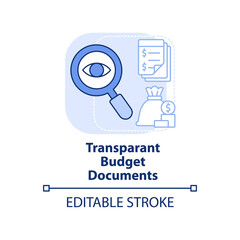 Transparent budget documents light blue concept icon. Principle of budget planning abstract idea thin line illustration. Isolated outline drawing. Editable stroke. Arial, Myriad Pro-Bold fonts used