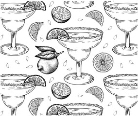 Sketch hand drawn pattern of Margarita cocktail in glass with a slice of lime isolated on white background.  - 503921543