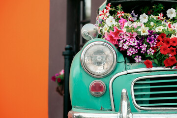 Mint retro car with flowers under the hood close up