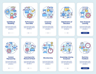 In demand skills onboarding mobile app screen set. Learning new things walkthrough 5 steps graphic instructions pages with linear concepts. UI, UX, GUI template. Myriad Pro-Bold, Regular fonts used