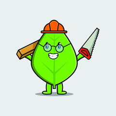Cute cartoon green leaf as carpenter character with saw and wood in 3d modern style design