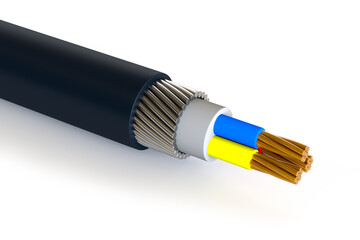 Closeup of a Three-Phase Electric Cable on a White Background. 3d Rendering