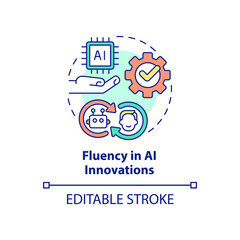 Fluency in AI innovations concept icon. Trendy digital skill abstract idea thin line illustration. Machine learning. Isolated outline drawing. Editable stroke. Arial, Myriad Pro-Bold fonts used