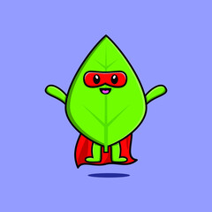 Cute green leaf superhero character flaying illustration cartoon vector in concept 3d modern style design
