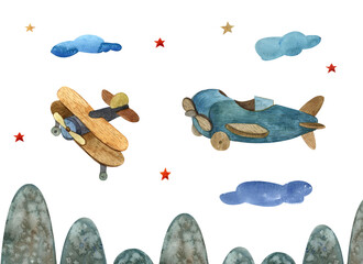 Illustration of a helicopter and an airplane, watercolor picture isolated on a white background