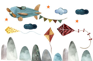 Illustration of a helicopter and an airplane in the clouds, a cute children's watercolor picture isolated on a white background © Дарья Артемова