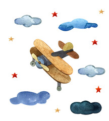 Illustration helicopter in the clouds, cute children's watercolor picture isolated on a white background
