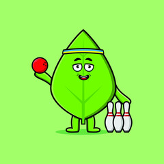 Cute cartoon green leaf character playing bowling in 3d modern style design