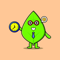 Cute cartoon green leaf character holding clock with happy expression in concept 3d cartoon style