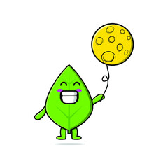 Cute cartoon green leaf floating with moon balloon cartoon vector illustration 