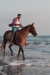 A modern man in summer clothes enjoys riding a horse on a beautiful sandy beach at sunset. Selective focus 