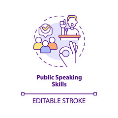 Public speaking skills concept icon. Trendy soft skill needed in workplace abstract idea thin line illustration. Isolated outline drawing. Editable stroke. Arial, Myriad Pro-Bold fonts used