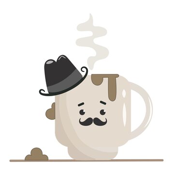 Isolated mug with hat and mustache for father's day celebration. Icons of funny mugs for dad's day with steaming steam and bubbles. Gift coffee or tea vector illustration in flat style.