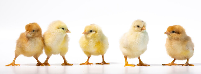 five yellow chickens in line on white