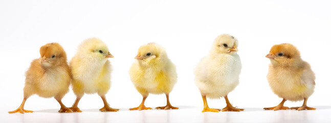 group of five yellow chicken on white background