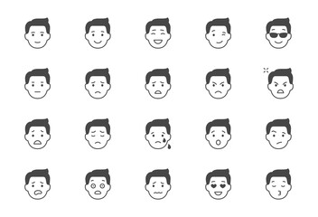 Emoticons flat icons. Vector illustration include icon - mental health, worry, laugh, disappointed mood, confused, glyph silhouette pictogram for man character expression. Black color signs