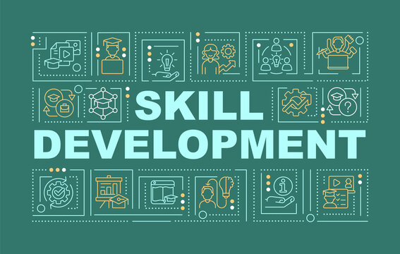 In demand skills for future word concepts dark green banner. Skilling training. Infographics with icons on color background. Isolated typography. Vector illustration with text. Arial-Black font used