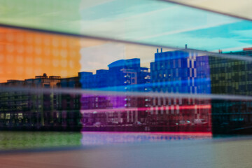 Colourful reflections on the building in Dublin, Ireland