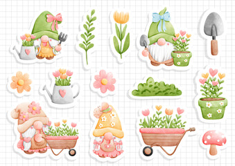 Fototapeta premium Sticker sheet garden gnome , spring gnome vector illustration