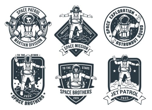 Retro space badges set with flying astronaut. Spaceman vintage emblem pack. Vector illustartion.