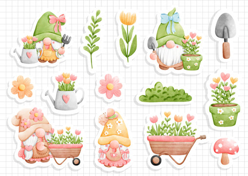 Sticker sheet garden gnome , spring gnome vector illustration