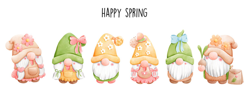 Watercolor garden gnome, spring gnome Vector illustration
