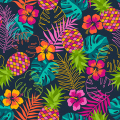 Hand drawn hibiscus, pineapple and tropical leaf seamless pattern for summer holidays background. © NTRdesign