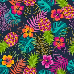 Fotobehang Hand drawn hibiscus, pineapple and tropical leaf seamless pattern for summer holidays background. © NTRdesign