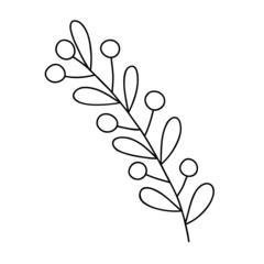 Outline plant decorative branch with leaves and berries for home decor, festive holiday arrangement, vector illustration for seasonal greeting card, invitation, banner