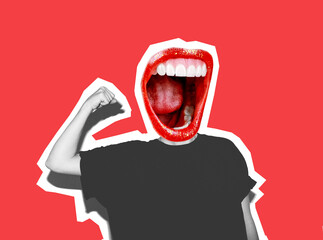 Modern art collage. Instead of a head, a crazy mouth screams, showing a fist. A gesture of freedom and protection without violence. White teeth. Red background.