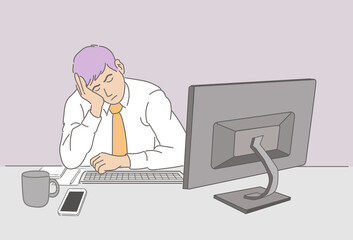 Fototapeta na wymiar Overwork, Office Routine Flat Vector Illustration. Depressed Corporate Worker, Student Sitting in Chair Cartoon Character. Stressed Businessman Overloaded with Paperwork. Tired Man Working Overtime
