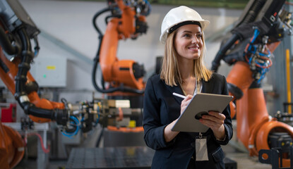 Female chief engineer in modern industrial factory using tablet and making audit.