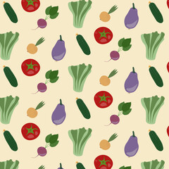 Vegetable pattern with tomato, salad, cucumber, radish, onion and eggplant in vector