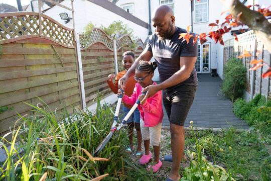 Father and children cutting grass in backyard