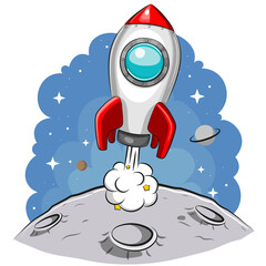 Cartoon rocket takes off from the planet