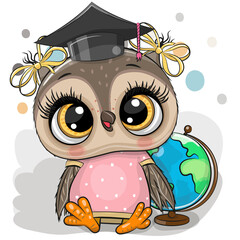 Clever owl with graduation cap and a globe