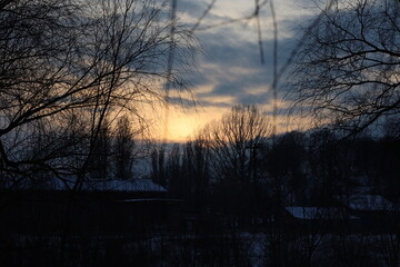 Winter sunset in the village