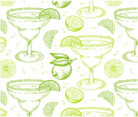 Sketch hand drawn pattern of Margarita cocktail in glass with a slice of green lime isolated on white background. Drawing alcohol drink wallpaper. Summer bar menu, lemon beverage. Vector illustration. - 503925523