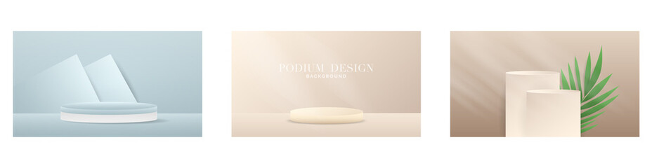 Fototapeta premium Abstract backdrop for product display set white podiums and curved background Rounded leaves and tropical on blue background with copy space , illustration 3d Vector EPS 10